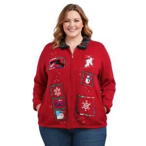 Designer Originals Studio Joy Red Christmas Zip-Up Cute Ugly Sweater | Sz 22/XL